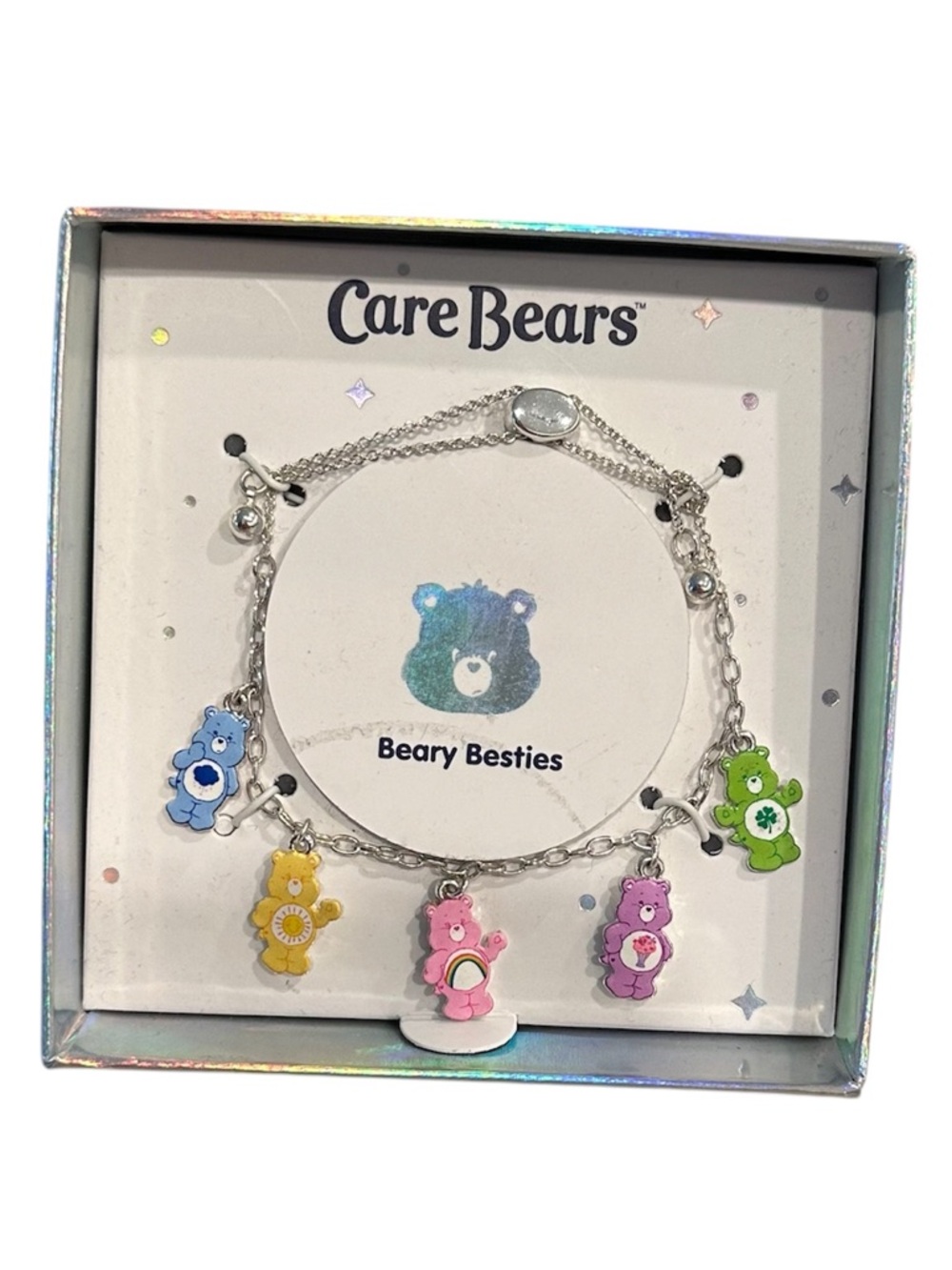 Care Bears Silver Charm Bracelet with Blue, Yellow, Pink, Purple & Green Bears